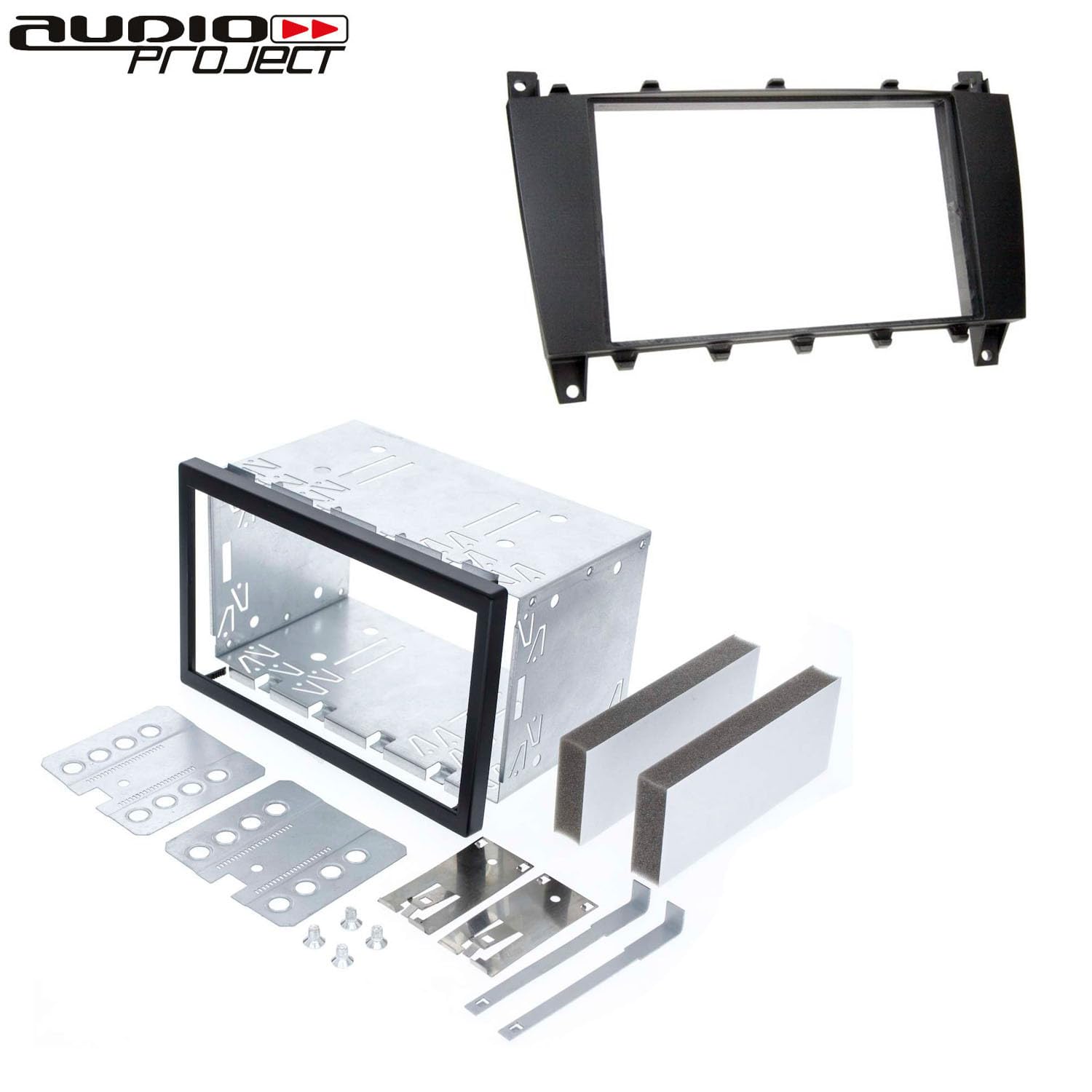 Audioproject A303-20 - Juego de embellecedores de radio de coche de doble DIN compatible con Mercedes Benz Clase C W203 S203 CL203 CLC 2004-2007 Marco de montaje de metal 2 DIN negro