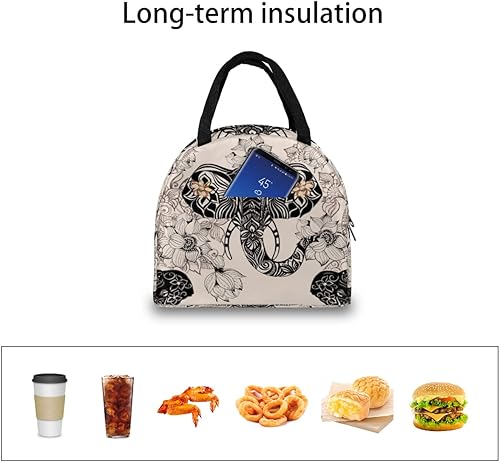 Miniatura 6 de Bolsa de almuerzo aislada para mujeres y hombres, elefante, flor étnica, impermeable, bolsa térmica reutilizable, contenedor para almuerzo, a prueba