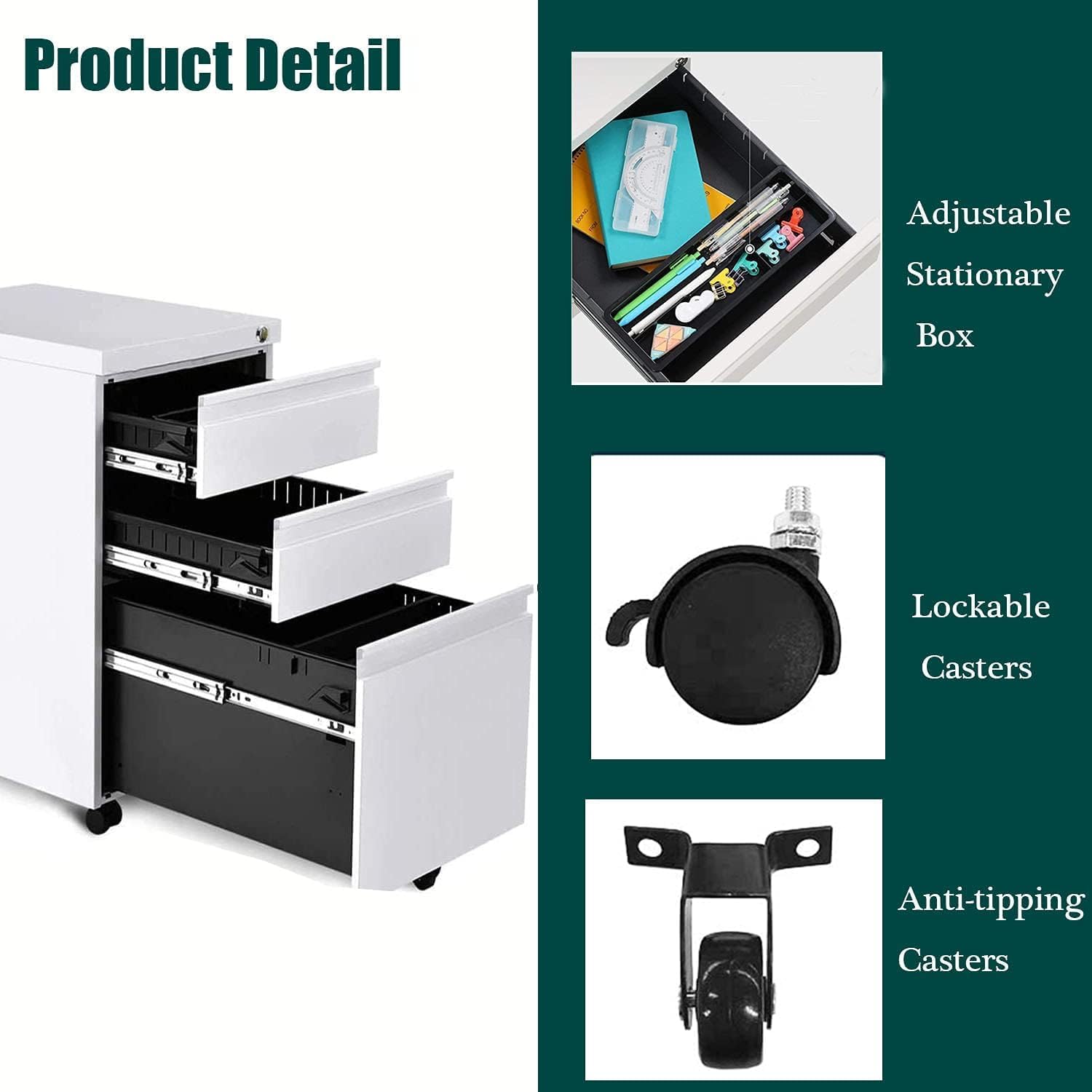 3 Drawer Mobile File Cabinet with Lock, Under Desk Metal Filing Cabinet for Legal/Letter/A4 File, Fully Assembled Except Wheels (White)