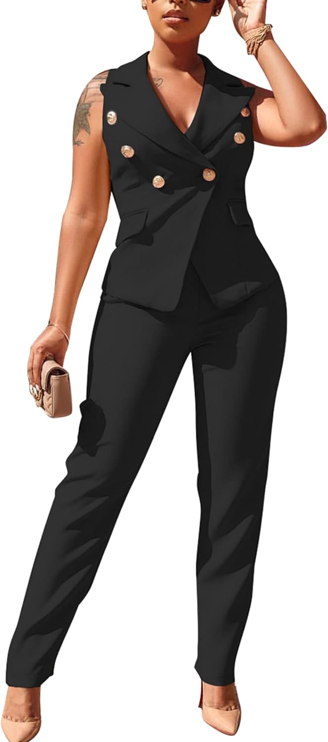 Women's Business Blazer Suit Ruffles Sleeveless Solid Two Piece Pant Set Professional Work Outfit for Office