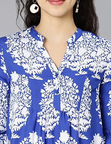 Image of oxolloxo Women Viscose Flared Regular Sleeves Floral Blue Casual Dress