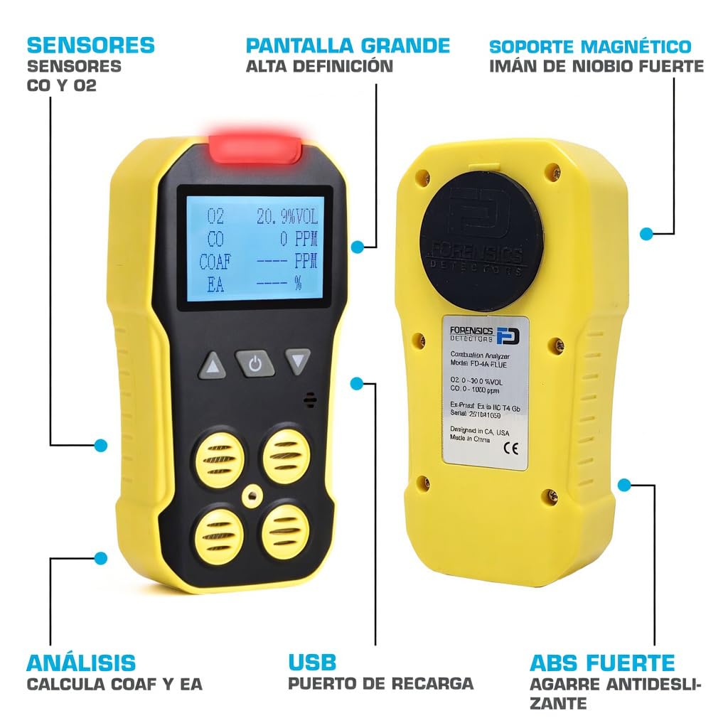 Analizador de Gases de Combustión Básico | Certificado de Calibración EU | Sensores de CO y O2 | Trampa de Agua, Filtros de Partículas y NOx | Recarga USB