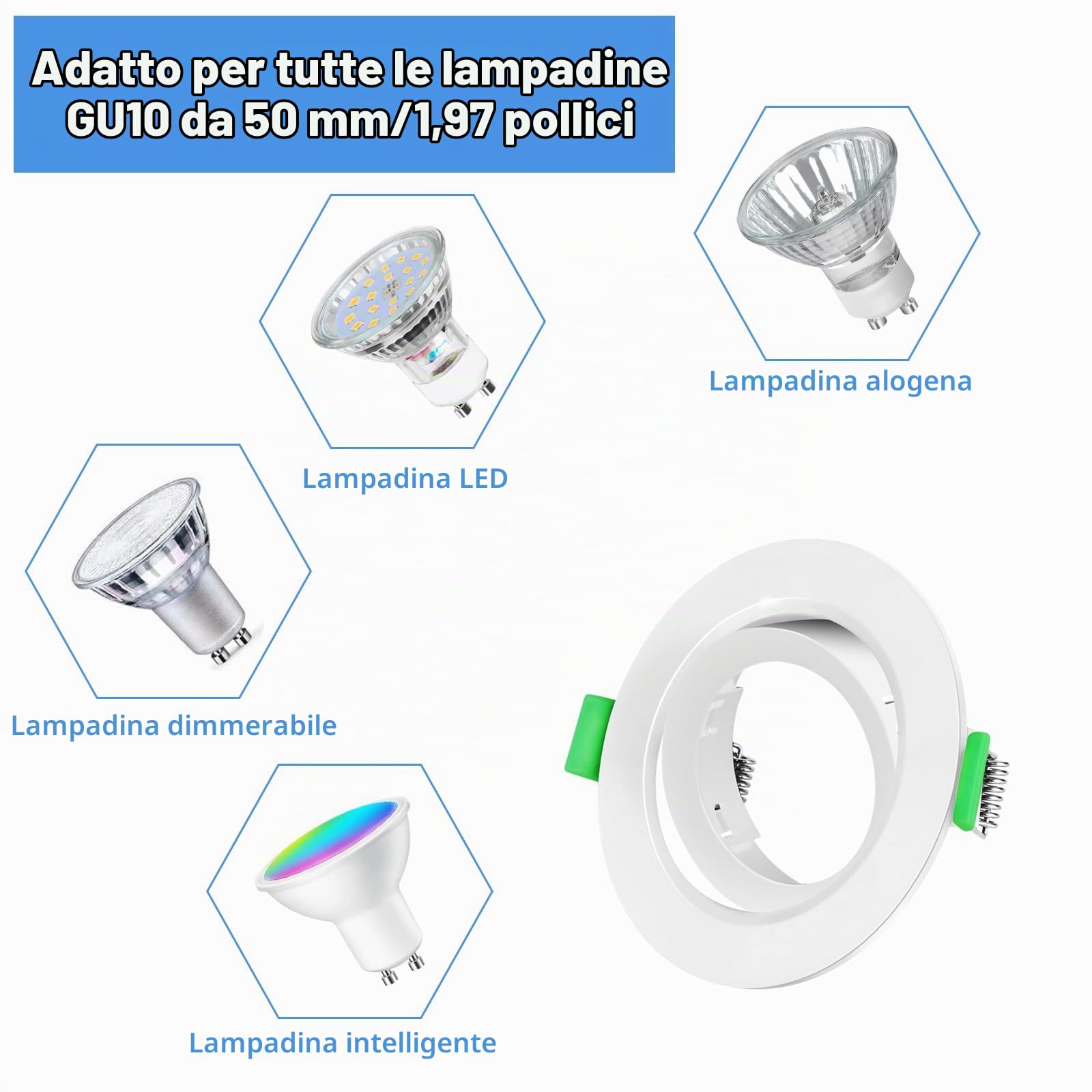 Faretti incasso per cartongesso, Bianco Orientabili a 30°,Con porta lampada GU10. Compatibili con fori da 68mm,Ideali per sostituire faretti LED/Alogeni.Perfetti per illuminazione soffitto.36 Pack