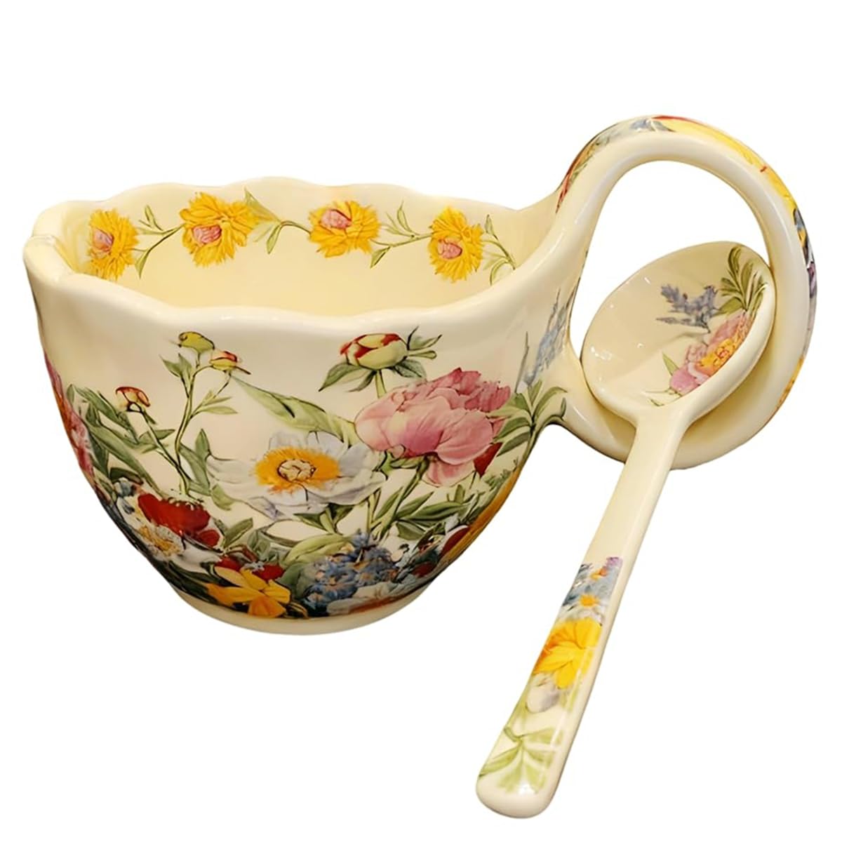 17.64 Oz Microwavable Soup Bowl with Handle, Hand Painted A Blossom of Colors Decorative Soup Bowls with Handles, Ceramic Soup Bowl with Spoon for Holding Fruits Cereal Snack, Chili, Ice Cream, Stew