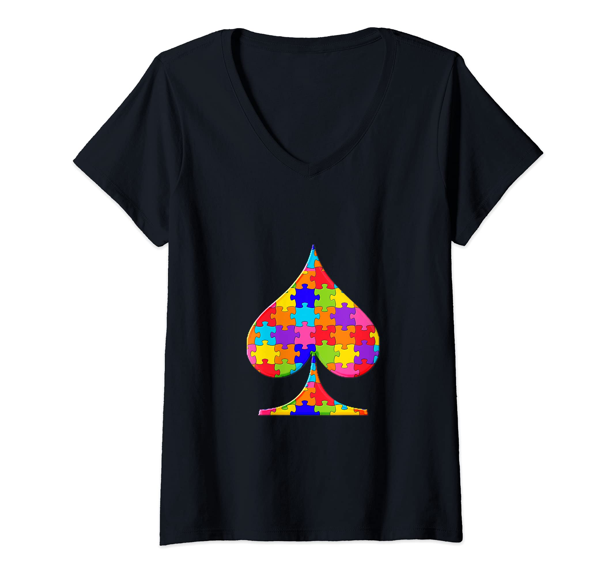 Womens Spade playing card Jigsaw Autism Puzzle V-Neck T-Shirt