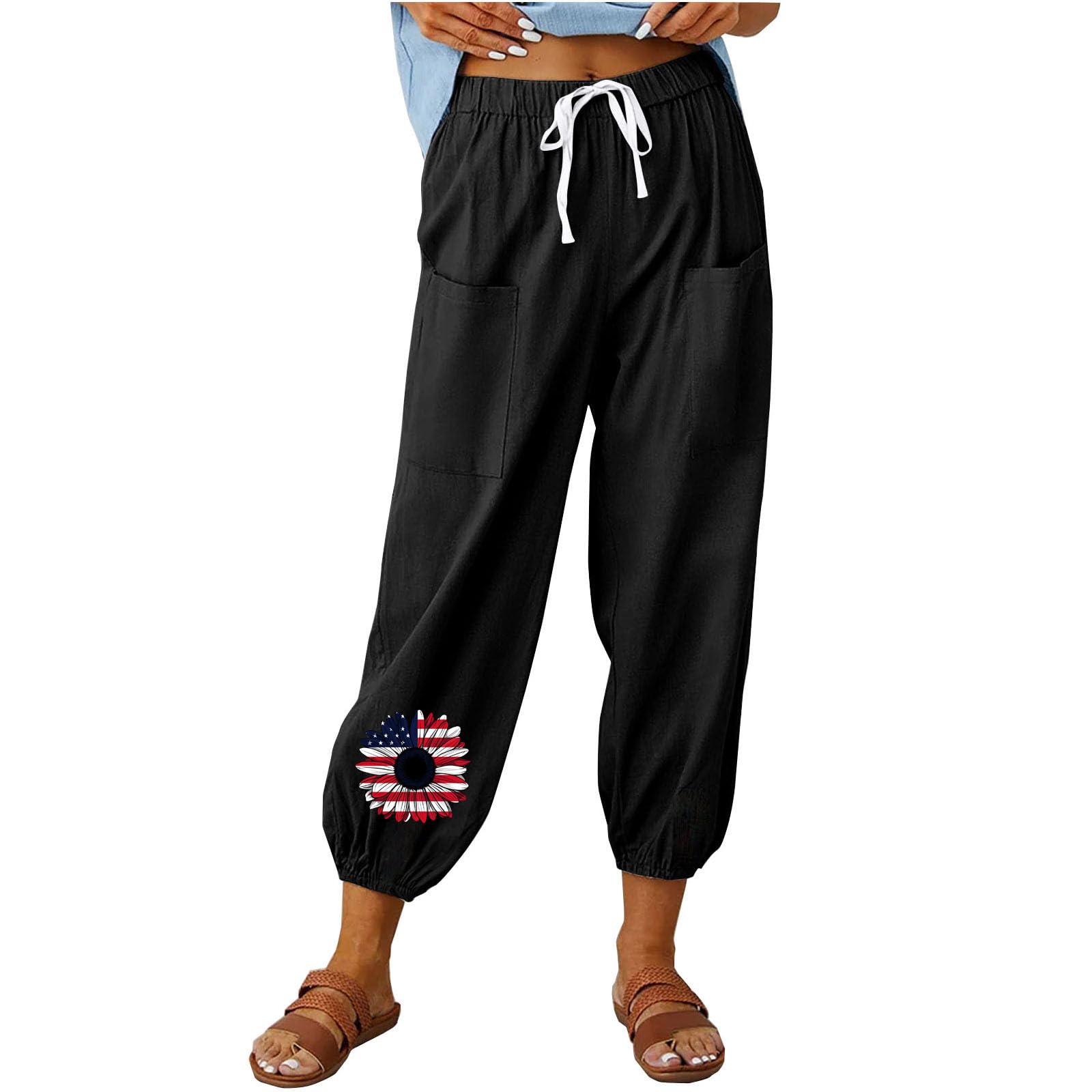 Bidobibo Linen Pants for Women Printed High Waisted Elastic Beach Pants Summer Beach Trousers Drawstring Joggers Lightweight