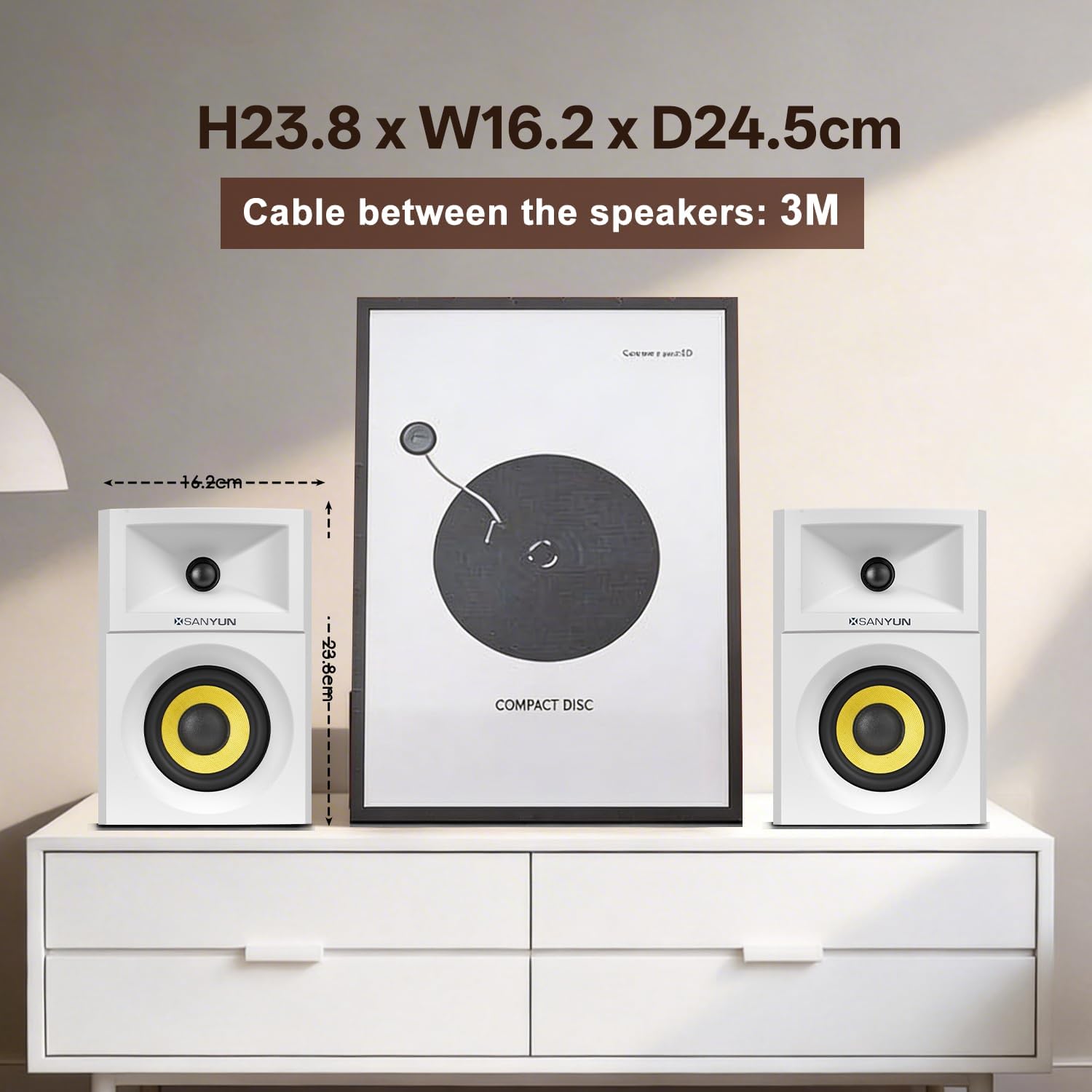 Sanyun SW205 80W Powered Bookshelf Speakers with 3D Soundstage | Precision DSP Spatial Audio & Geometric Cabinet | 4" Glass Fiber Woofer, Optical/Bluetooth 5.4/AUX, Wireless Remote (Pair, White)