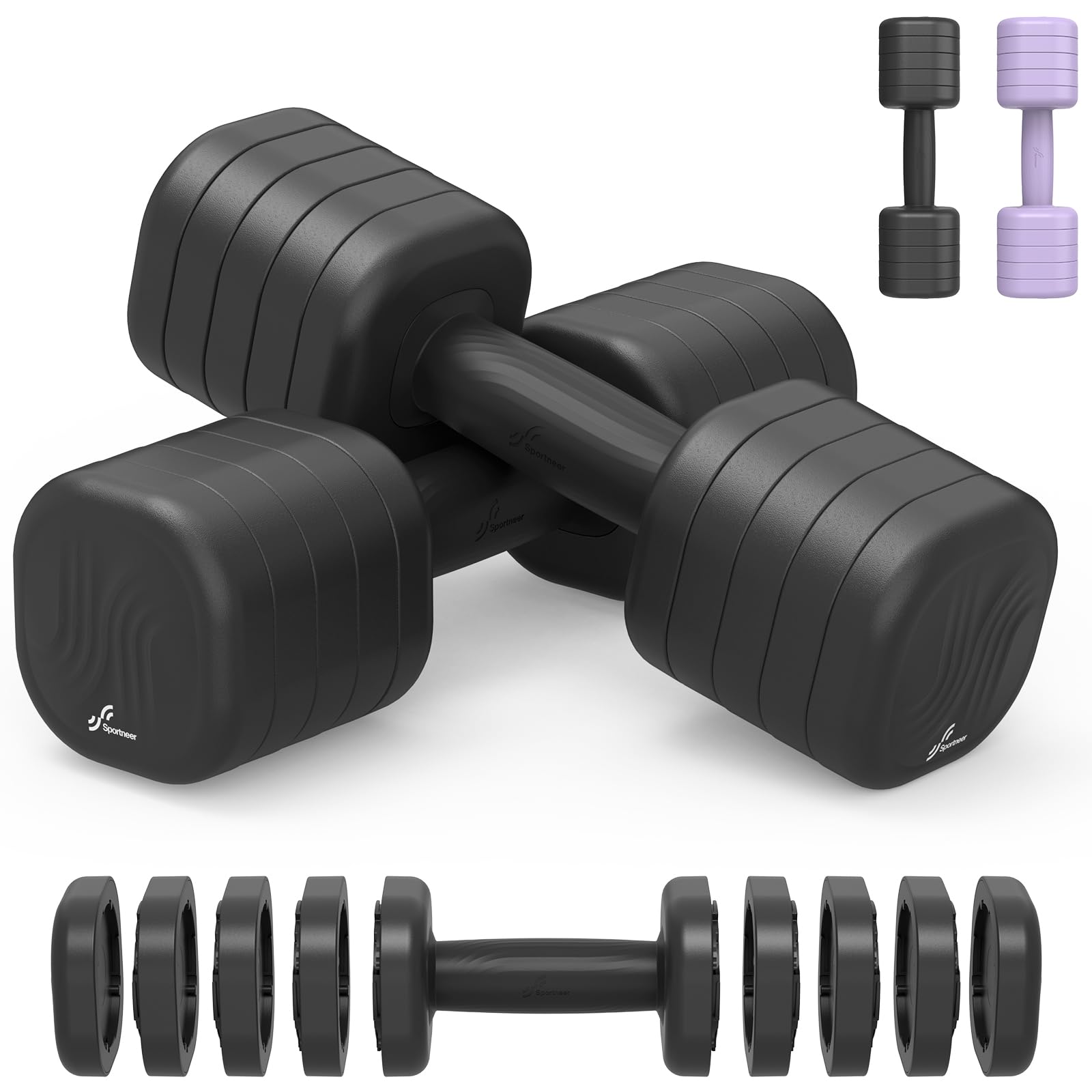 Sportneer Zestaw hantli z regulacją, zestaw hantli (po 5-10 kg), kolor czarny