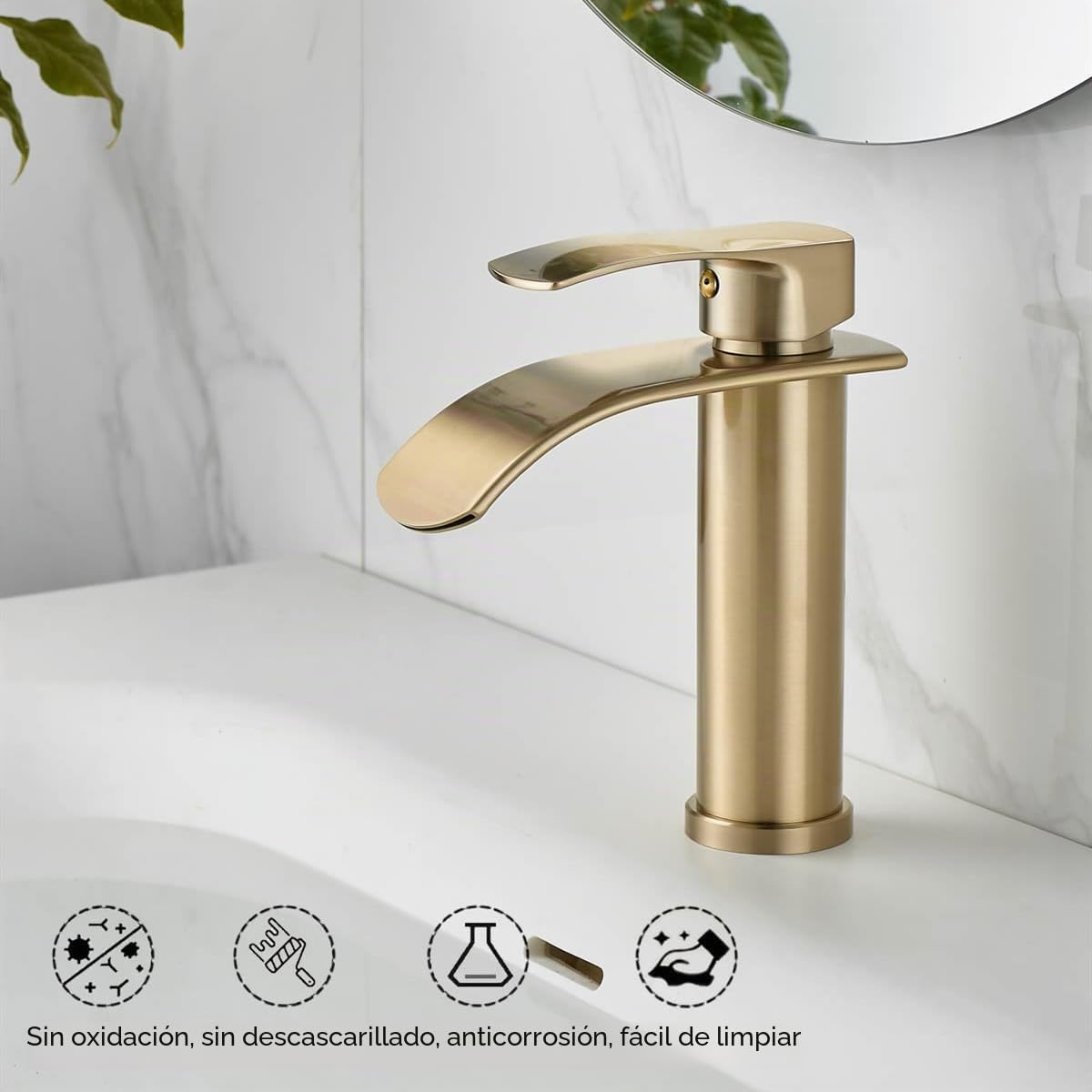 Beelee Grifo monomando de cascada de un orificio para lavabo con conexión de agua fría y caliente G3/8", oro cepillado, grifo moderno para lavabo de baño