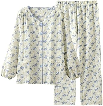 codcm Womens Cotton Gauze Pajama Set Floral Print 2 Piece Pj Set Long Sleeve Fall Sleepwear Cute Pj Sets