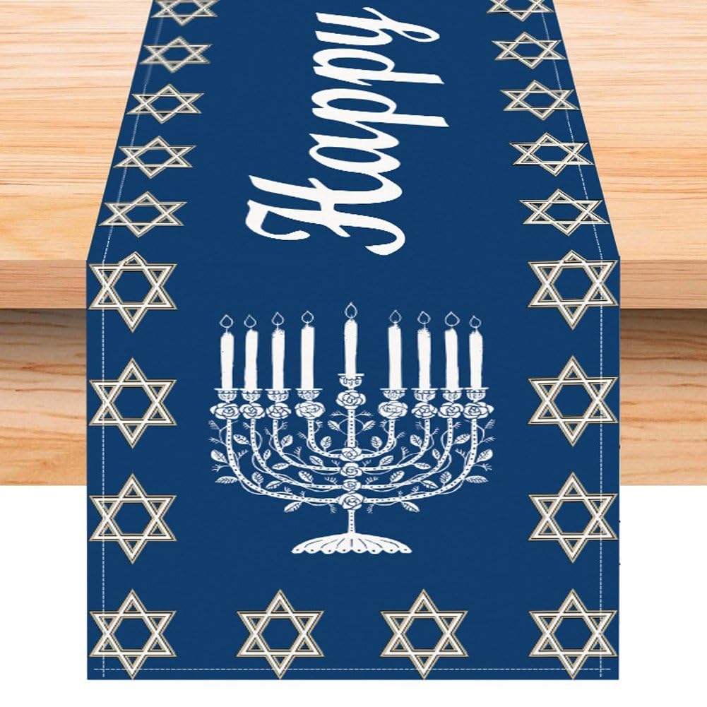 Beautiful Hanukkah Table Runner - 13x72 Inch Linen Menorah Decor For Jewish Holiday Parties & Home Table Setting