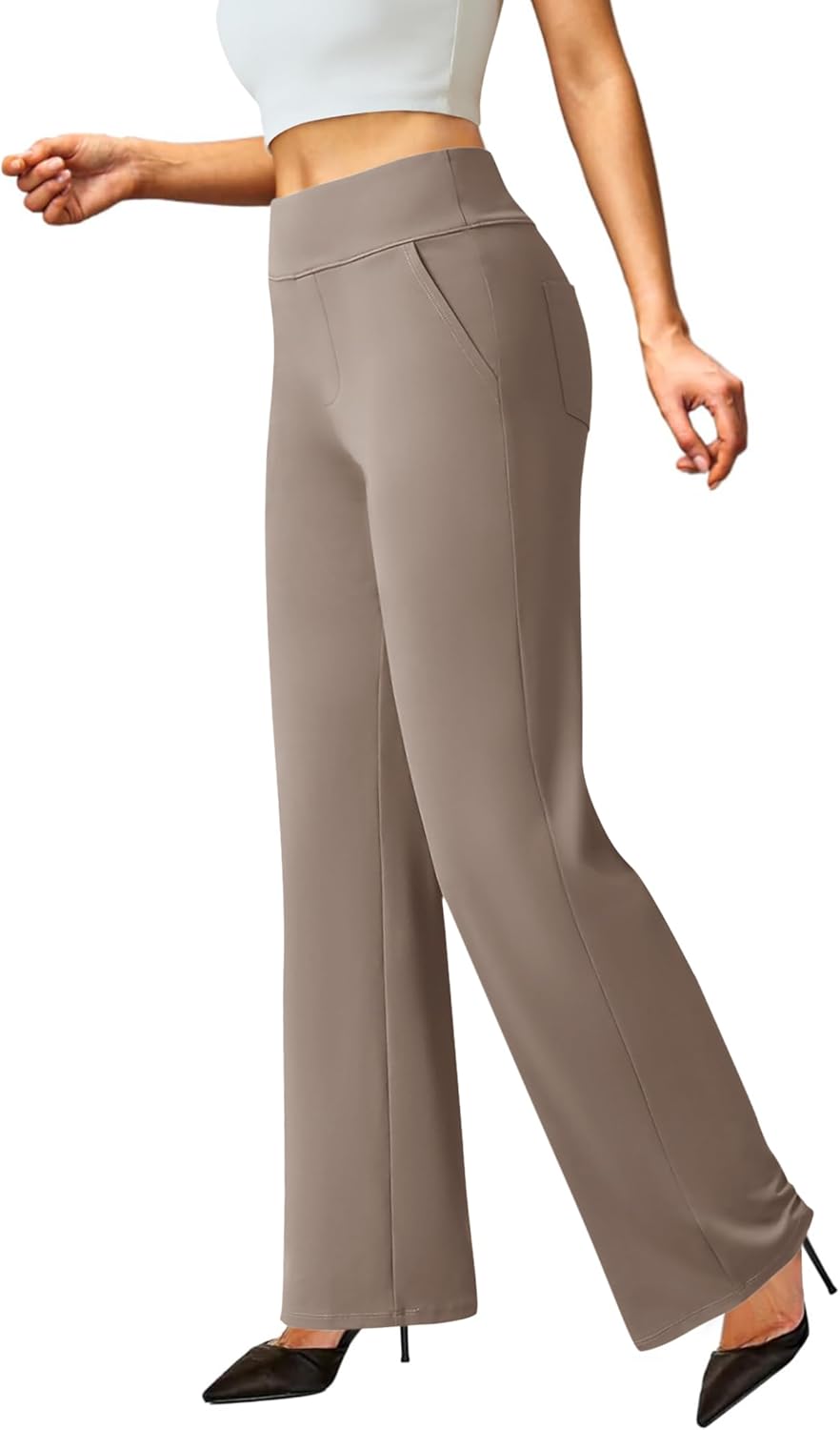 FireSwan Womens Dress Pants Stretchy Wide Leg Work Pants Business Casual Trousers Pull On Office Slacks with 4 Pockets