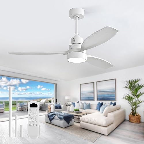 Sofucor White Ceiling Fan with Lights and Remote, 52 Inch Modern Wood DC Motor C