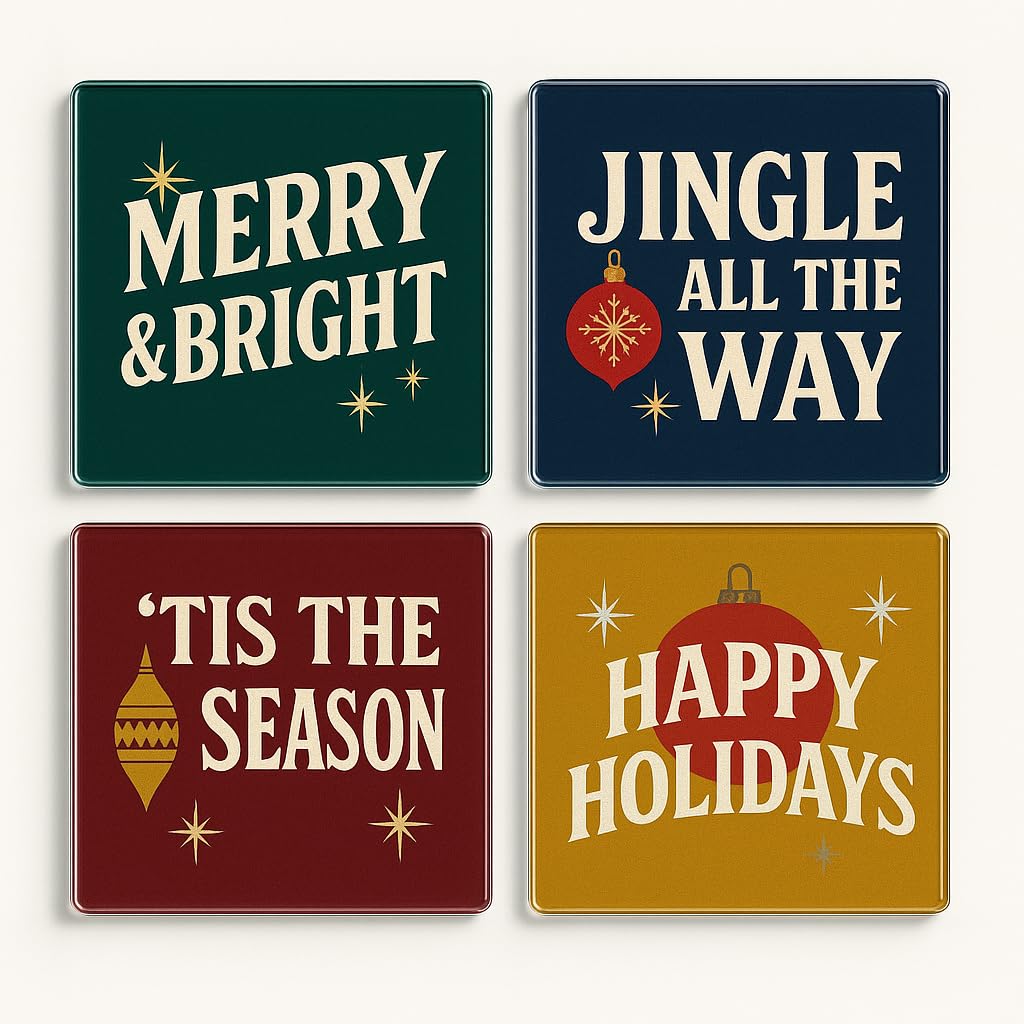 The Plum Penguin Retro Holiday Glow Acrylic Christmas Coaster Set Of 4 With Design - Christmas Home Decor For Festive Drinks & Celebrations