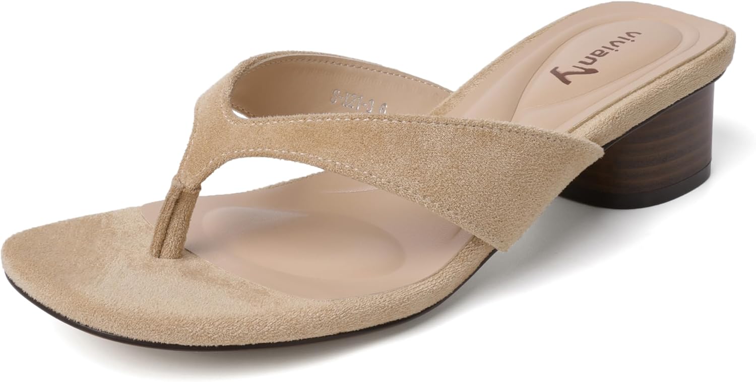 vivianly Flip Flops for Women Suede Thong Heeled Sandals Square Toe Chunky Heels for Women Casual Slip On Shoes