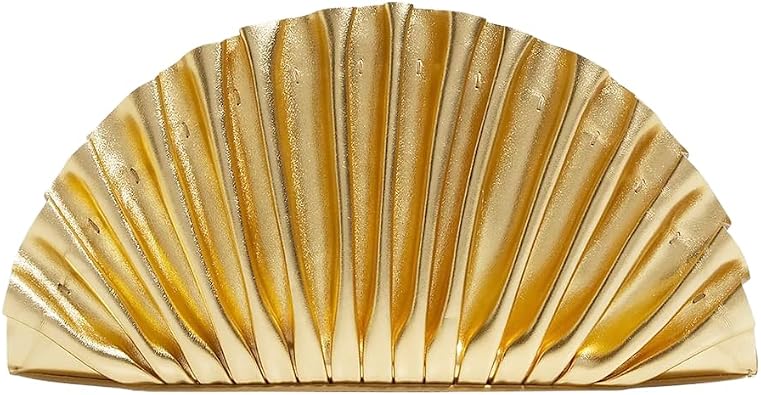 Pleated Metallic Clutch Bag Fan Shaped PU Leather Evening Purse