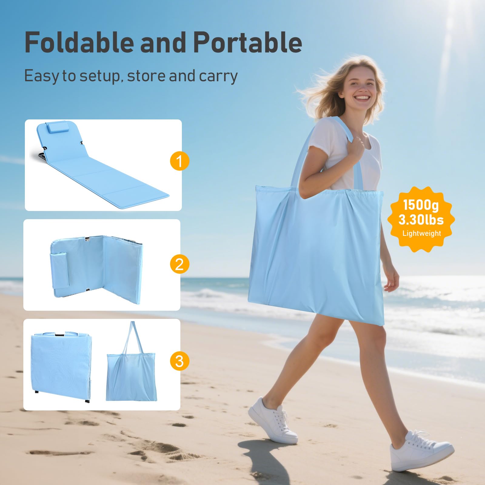 WildFun 165 X 55 cm Chaise de Plage Pliante Portable avec Sac de Transport, chaises de Plage à Haut Dossier en Maille pour Adultes, Chaise pour l'extérieur, Le Camping, Le Barbecue (1pcs, Bleu)