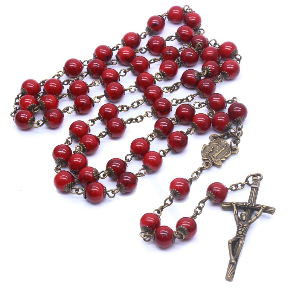 Christmas Deep Red Crystal Beads Rosary Necklace Catholic Prayer Jerusalem Holy Soil Medal Cross Holy Land Antique Religious Rosaries Beads Collection
