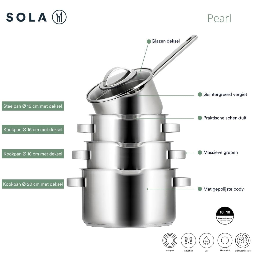 Sola zestaw garnków Pearl - stal szlachetna - garnek do gotowania ø 16, 18, 20 cm i rondel ø 16 cm - nadaje się do indukcji - 4 części