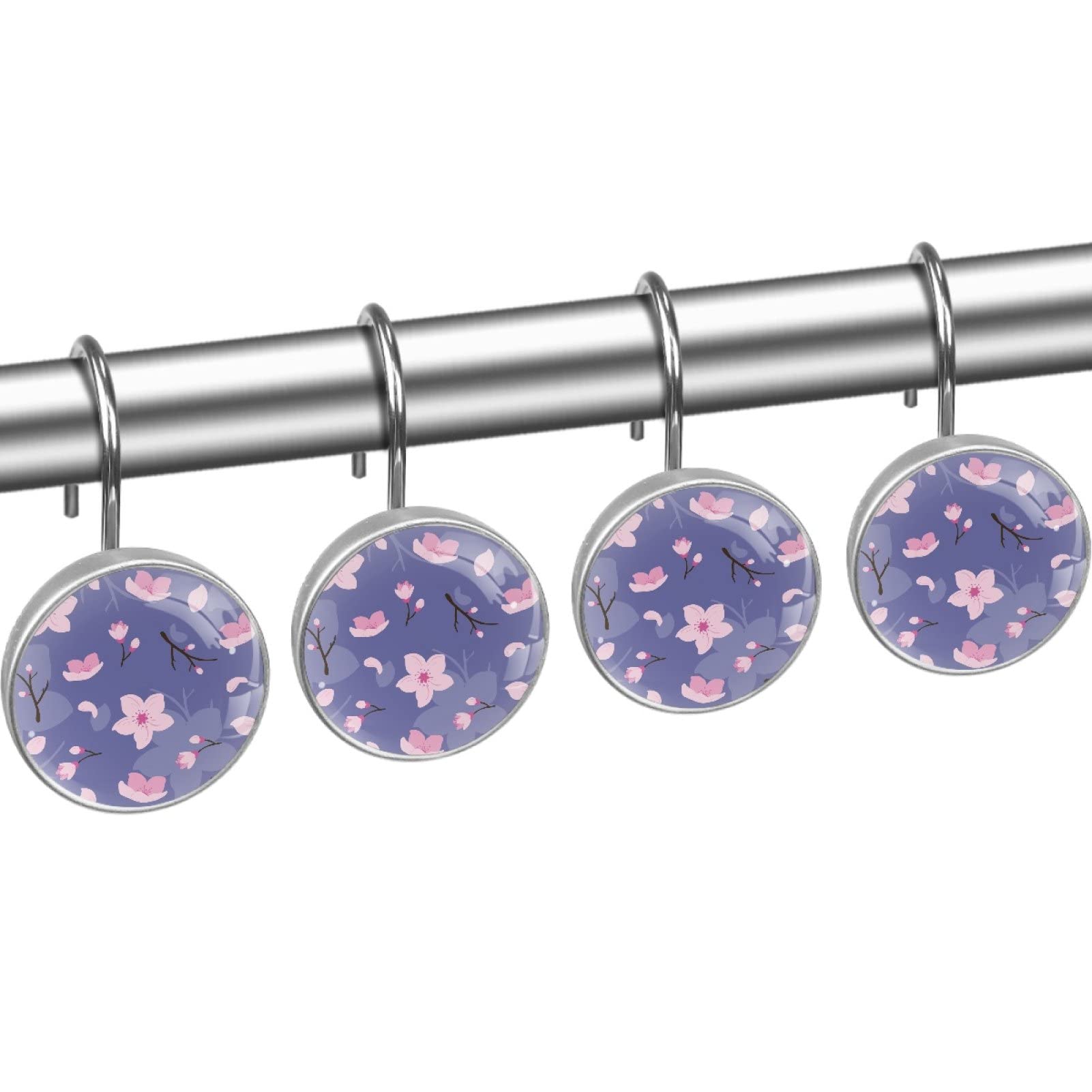 Pink Cherry Blossom Purple Background 12PCS Rustproof Stainless Steel Shower Curtain Hooks, Shower Curtain Rings - Shower Hooks for Curtain Shower Rings, 3.7x3.7cm