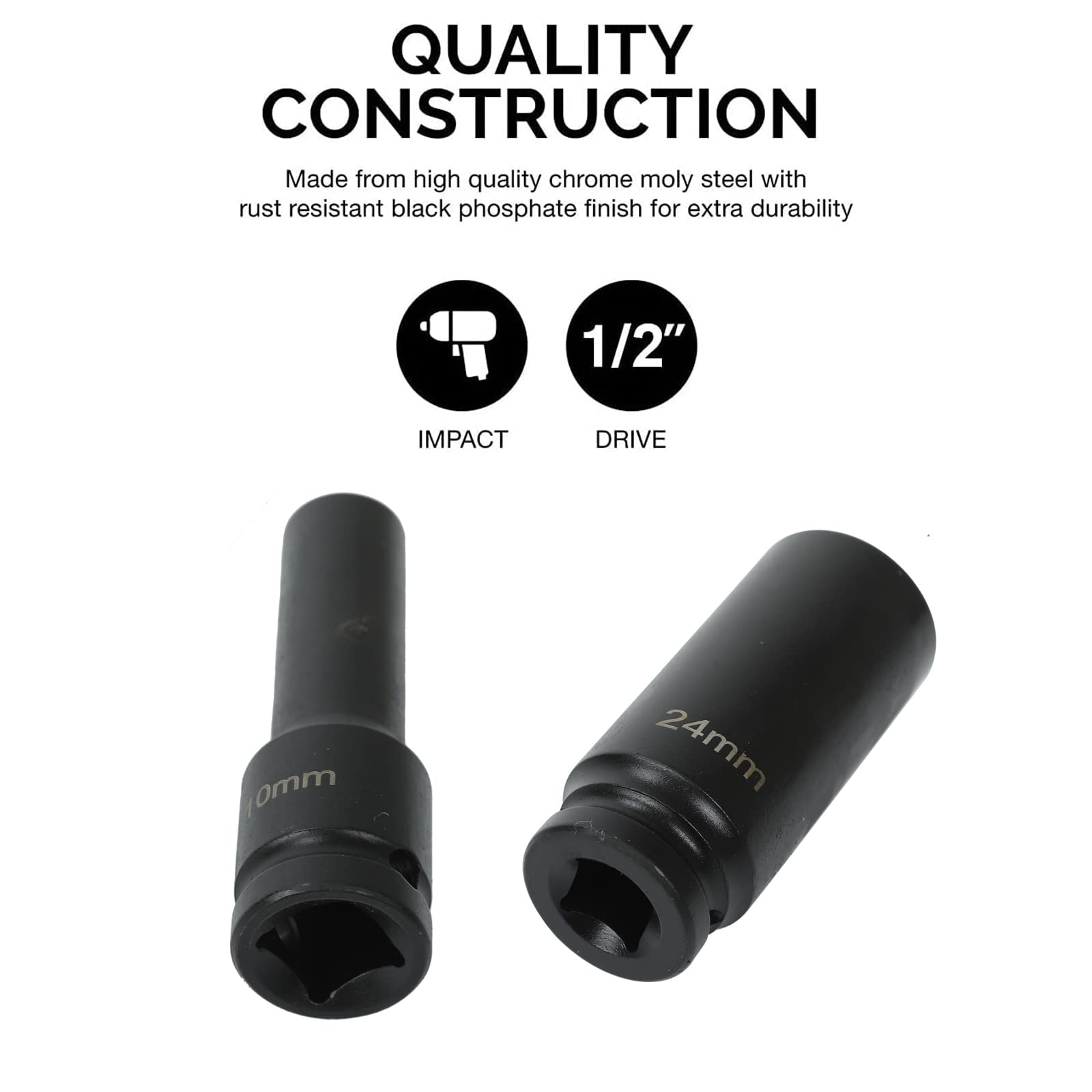 15 Pieces 1/2-Inch Drive Metric Deep Impact Socket Set 6 Point 10-24mm,Heavy Duty Impact Socket Set with Portable Case