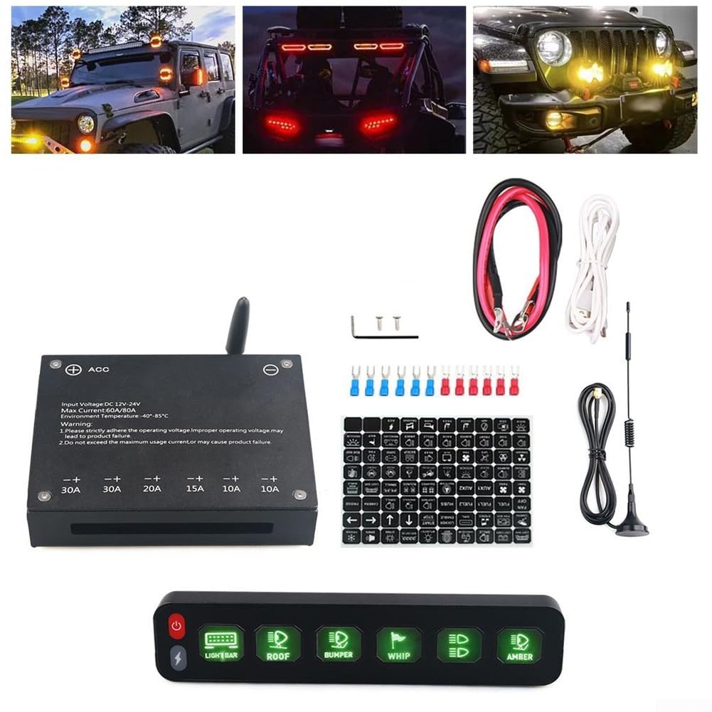 Panel de control táctil inalámbrico de 6 vías RGB intermitente interruptor de relé electrónico 80 A corriente máxima USB C carga metal ABS construcción para coche, camión, vehículo