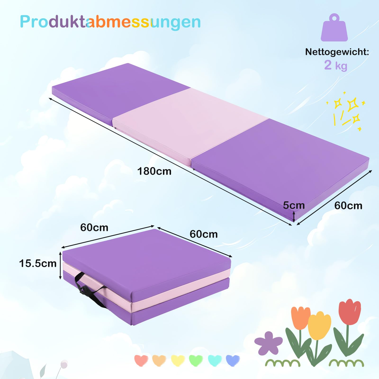 GOPLUS Weichbodenmatte, 180 x 60 x 5 cm Yogamatte rutschfest mit Klettverschlüssen & Tragegriffen, Gymnastikmatte klappbar aus PU-Leder, Turnmatte zum Trainieren von Gymnastik & Yoga