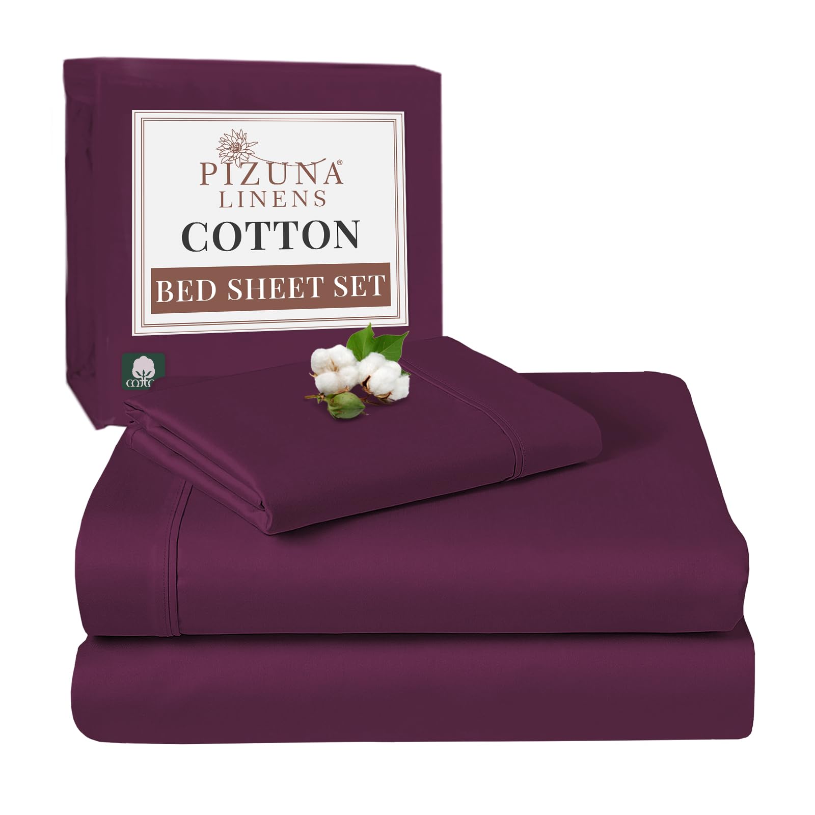 Pizuna Berry Plum 100% Cotton Single Bed Sheet Set 400 Thead Count Long Staple Cotton Bedding Set 180X280 Cm, Soft Sateen 3 Pc Single Bed Sheet Set - Fitted Sheet, Flat Sheet & 1 Pillowcase
