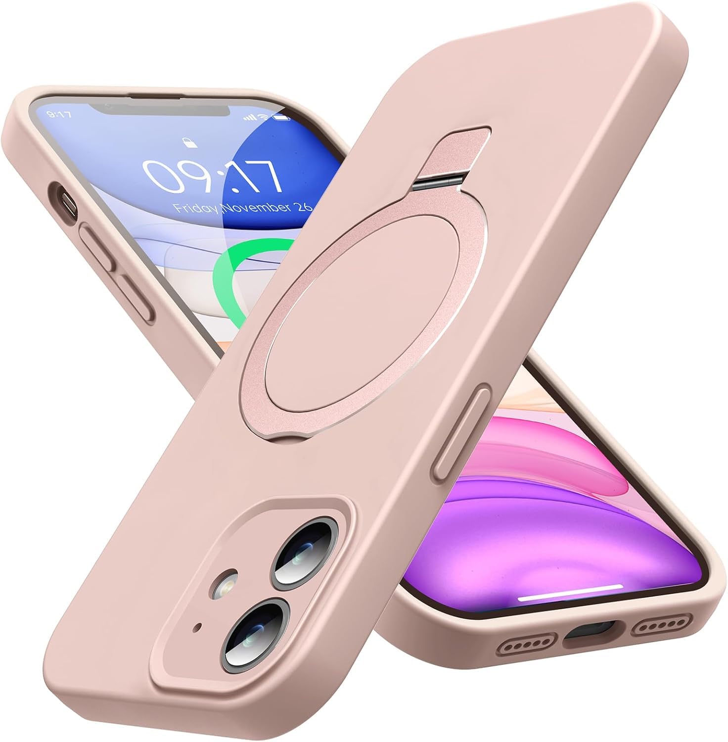 Mag-Ring Designed for iPhone 11 Case, Liquid Silicone [Moisturizing Factor] Extreme Soft Slim Phone Case with Stand [Compatible with MagSafe] for 11 6.1 inch Men Women, Pink