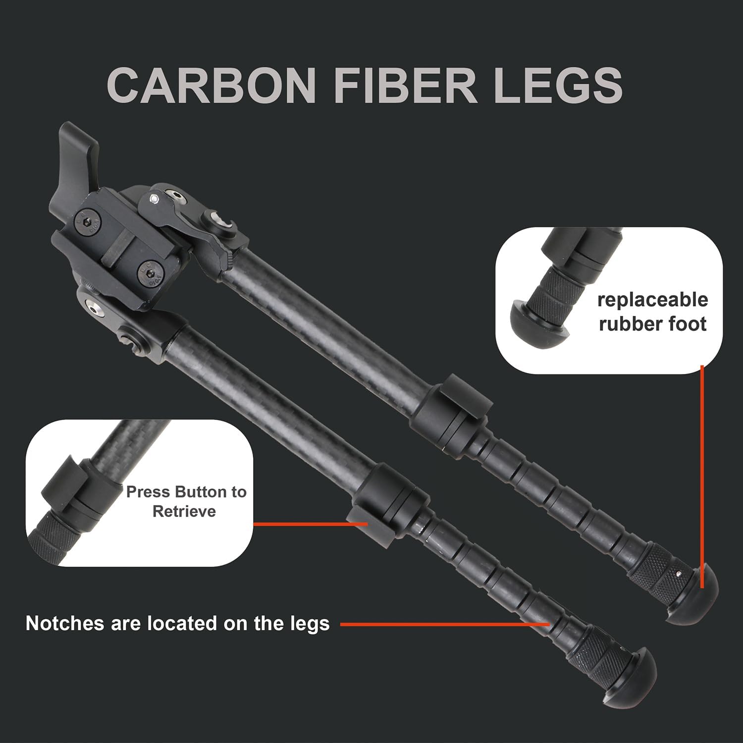 Bipod, Carbon Fiber Tactical Rifle Bipod with Adjustable Notched Legs for Shooting and Hunting