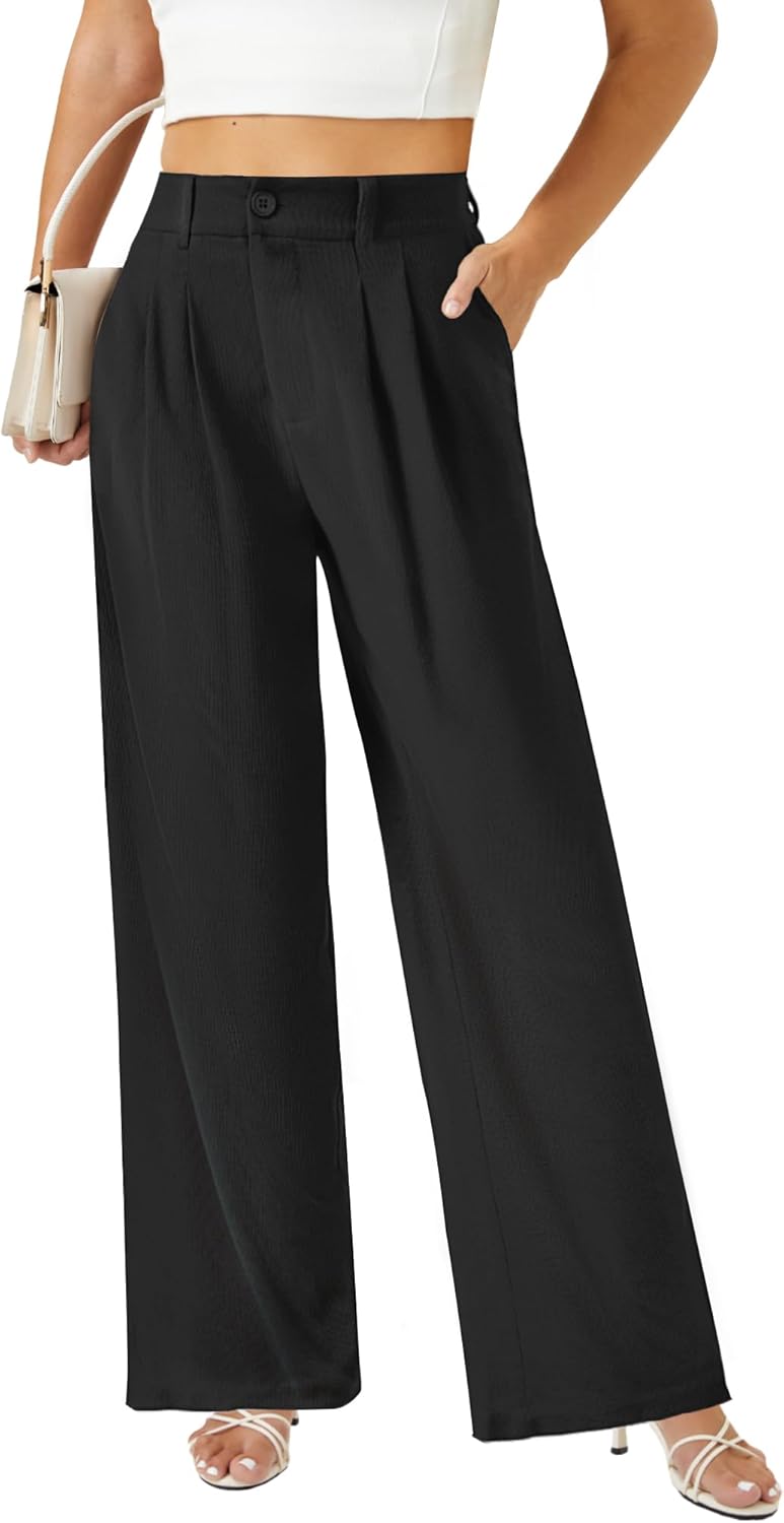 keriffe Womens Wide Leg Work Pants Waffle Knit High Waisted Button Down Casual Dress Palazzo Trousers Pockets