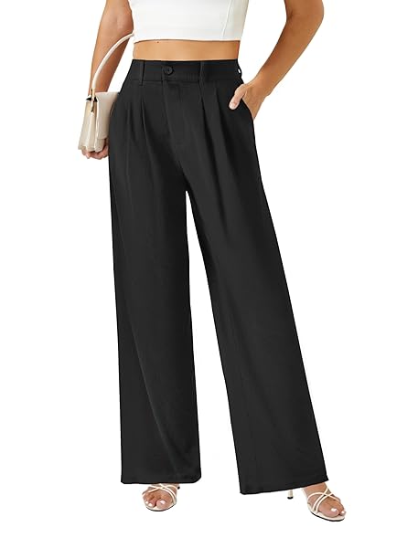 keriffe Womens Wide Leg Work Pants Waffle Knit High Waisted Button Down Casual Dress Palazzo Trousers Pockets