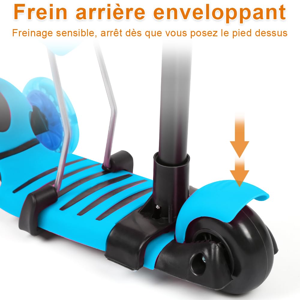 Trottinette avec Siège 5 en 1,Trottinette Enfant,3 Roues Plateau Antidérapant LED, Patinette réglable en Hauteur,Idéal Cadeau pour Enfants 2 a 8 Ans,30KG