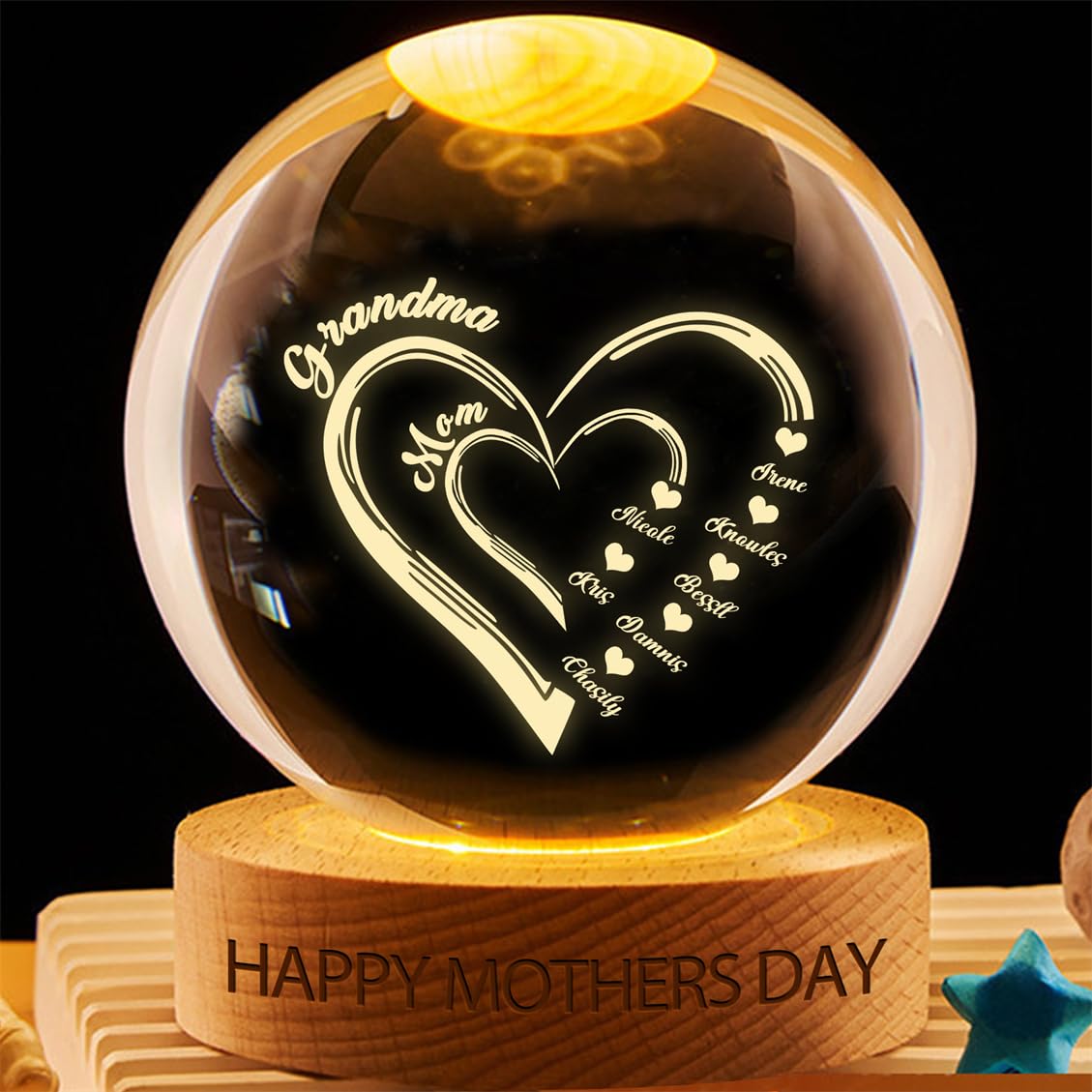 Wasetell Personalized First Mom Now Grandma Crystal Ball Lamp Custom Family Name Crystal LED Light Sign Heart Prints Glass Ball Night Light Birthday Home Decor Keepsake Gift for Mom Grandma Nana,01