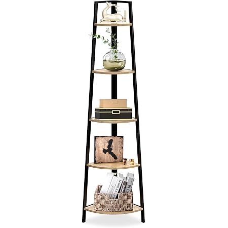 SpringSun 5-Tier Corner Ladder Wood Shelf, Display Rack Multipurpose Bookshelf and Plant Stand for Living Room and Office