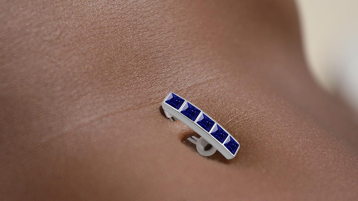 Cz Gemstone Fancy Five Square Gems Reverse Bar Design 925 Sterling Silver with Stainless Steel Belly Ring - Belly Button jewelry - Navel jewelry