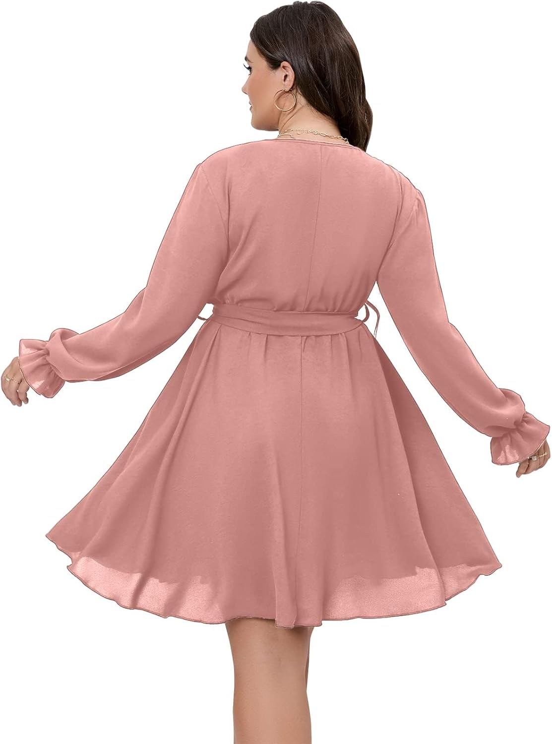 SCOMCHIC Women's Plus Size Long Sleeve Wrap V Neck Tie Waist A Line Mini Dress - Image 4