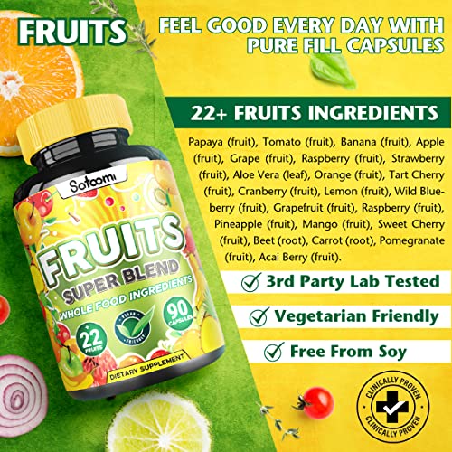 43In1 Fruits And Veggies Supplement - Extract For Skin, Hair, Nail, Immune & Digestion Support - With Papaya, Tomato, Banana, Apple, Spirulina, Broccoli & More - Total 180 Capsules (1 Set 2 Bottles) #TOP1