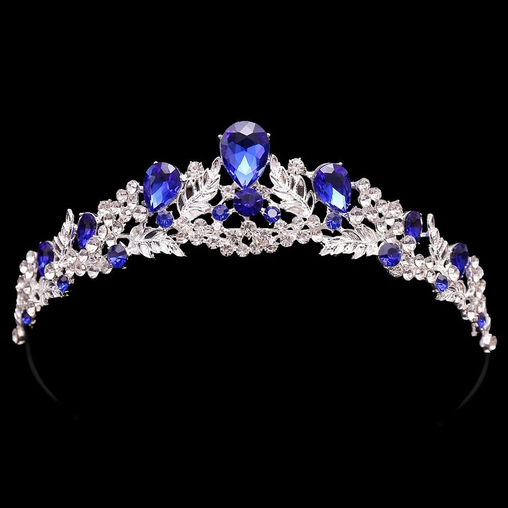 Samky Bridal Rhinestone Tiara Crown Wedding Headpiece with Blue Crystal Bride's Hair Accessories