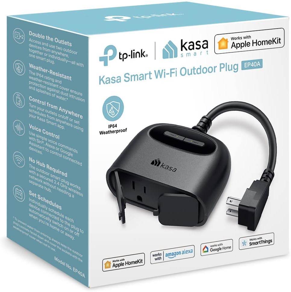 Kasa Apple HomeKit Outdoor Smart Plug, EP40A, 2 Sockets, No Hub Required | IP64 Weather Resistance for Outdoor String Lights, Works with Siri, Alexa & Google Home, Long Wi-Fi Range, 2.4GHz Wi-Fi Only