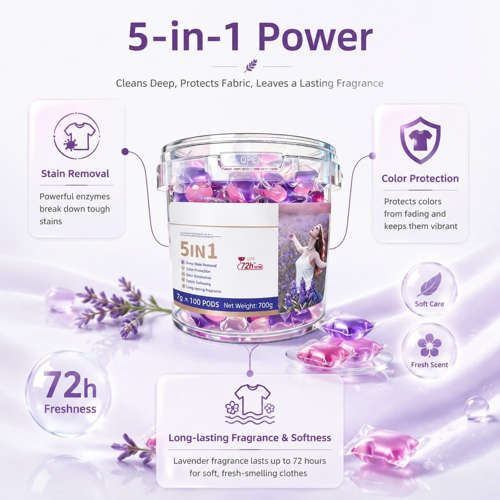 Cápsulas de lavandería 5 en 1 de lavanda, 100 unidades, aroma 72 h