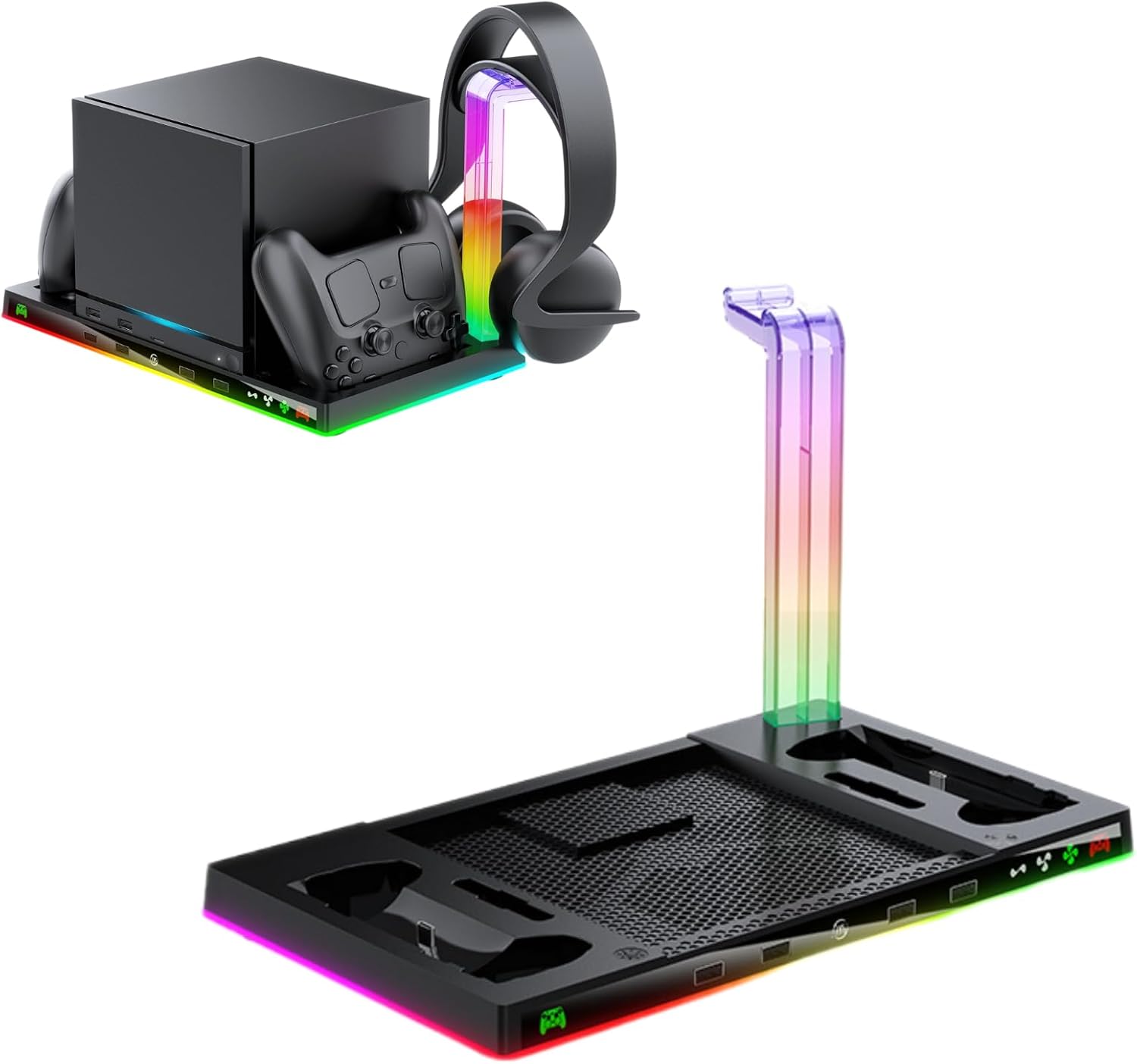 Multifunctional Charging Stand Compatible with Steam Machine Console, RGB Cooling Station with Controller Charger and Headset Hanger
