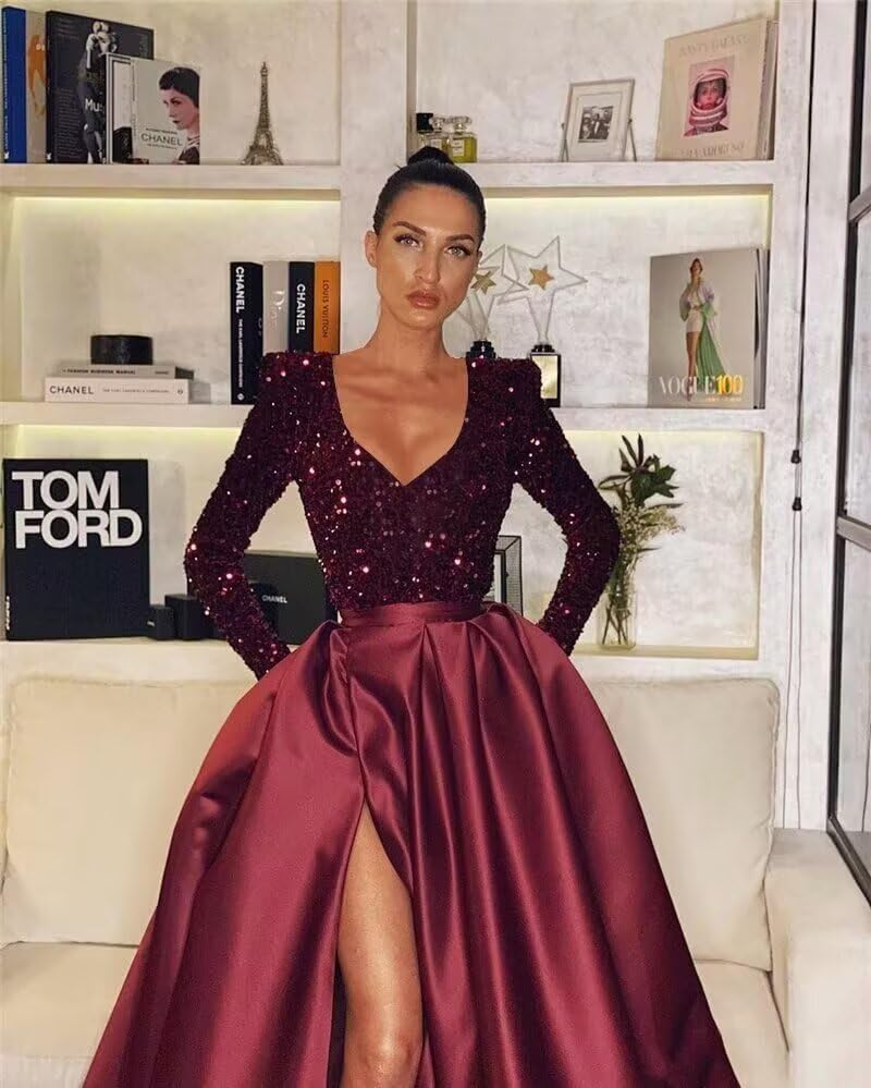 Rjer Long Sleeve Sequin Prom Dresses Satin Ball Gown Slit V Neck Formal Evening Gowns with Pockets4