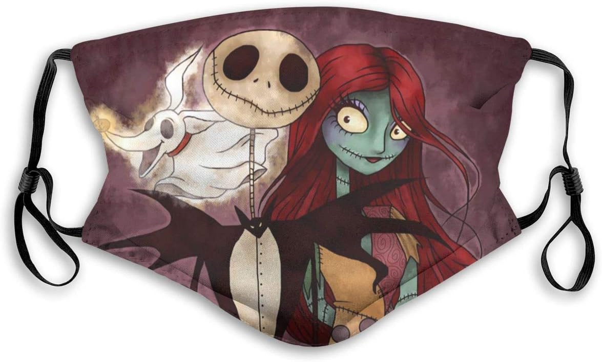 PAUFOGA Cute Mouth Mask with Replaceable PM2.5 Activated Carbon Mask for Airplane Climbing, Camping Washable Breathable Windproof Air Filter Mask, Jack and Sally Movie Poster