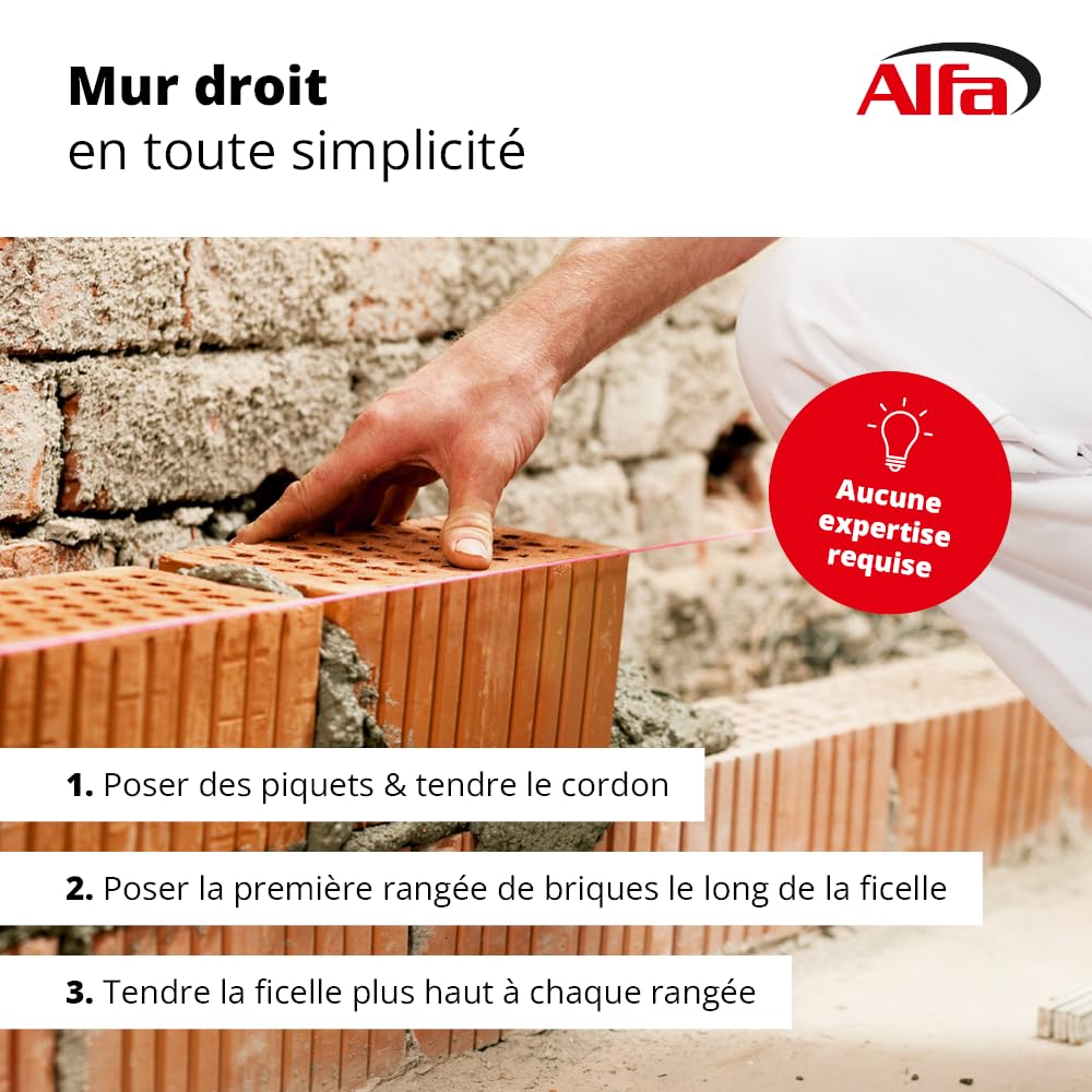 Alfa Cordeau de maçon – Cordon alignement précis – 100 m – 1 pièce