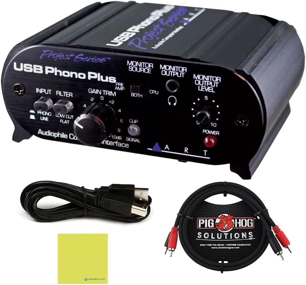 ART USB Phono Plus Project Series USB Audio Interface for PC and MAC | Bundle with Pig Hog Dual Cable RCA - RCA Cables 3ft, Liquid Audio Instrument Polishing Cloth