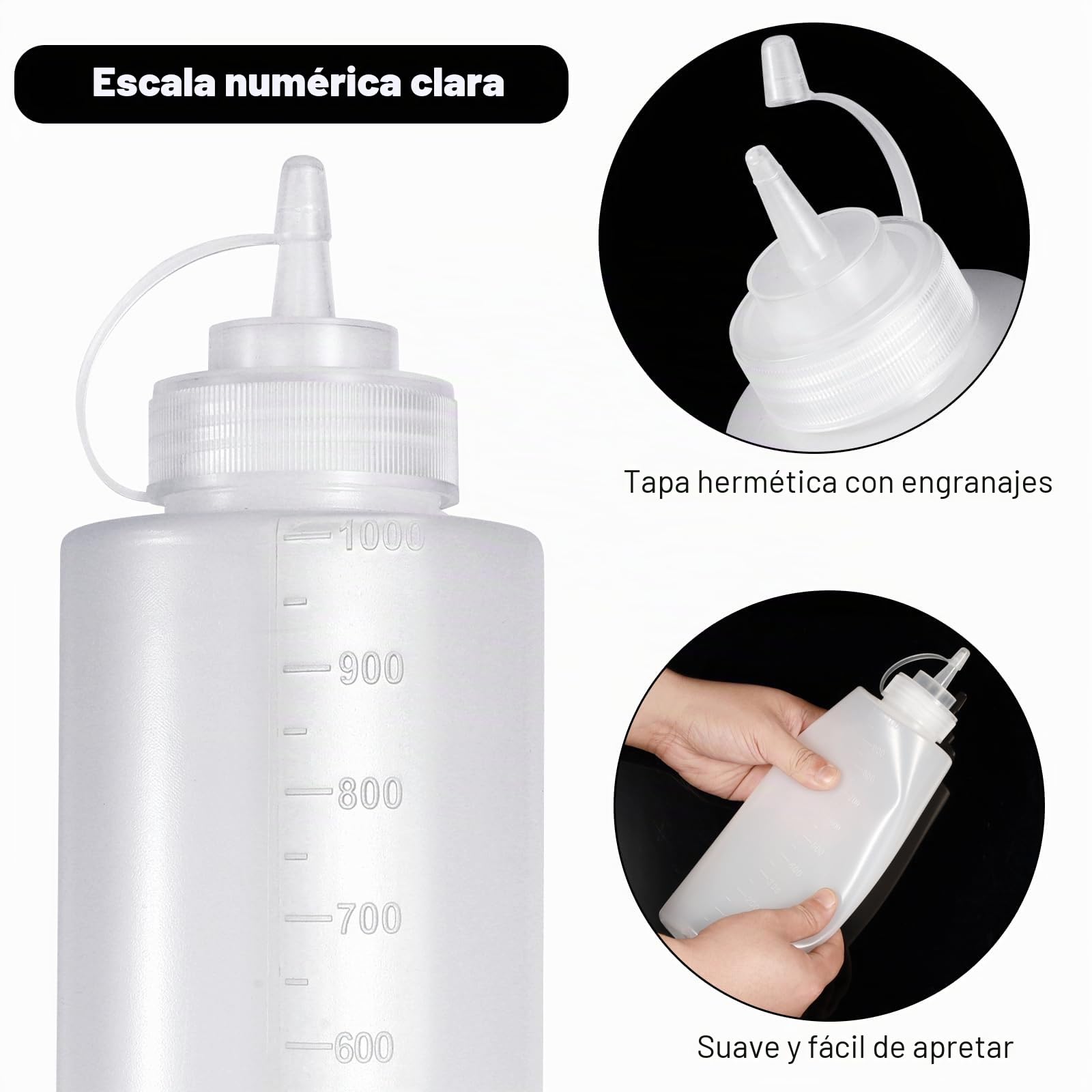 4 Piezas Biberon Cocina 1000ml, Biberones Cocina 32oz, Transparente Biberones con Tapa, Plástico Botella de Salsa con 1 Cepillo Limpiador y 10 Pegatinas, para Salsas, Ketchup