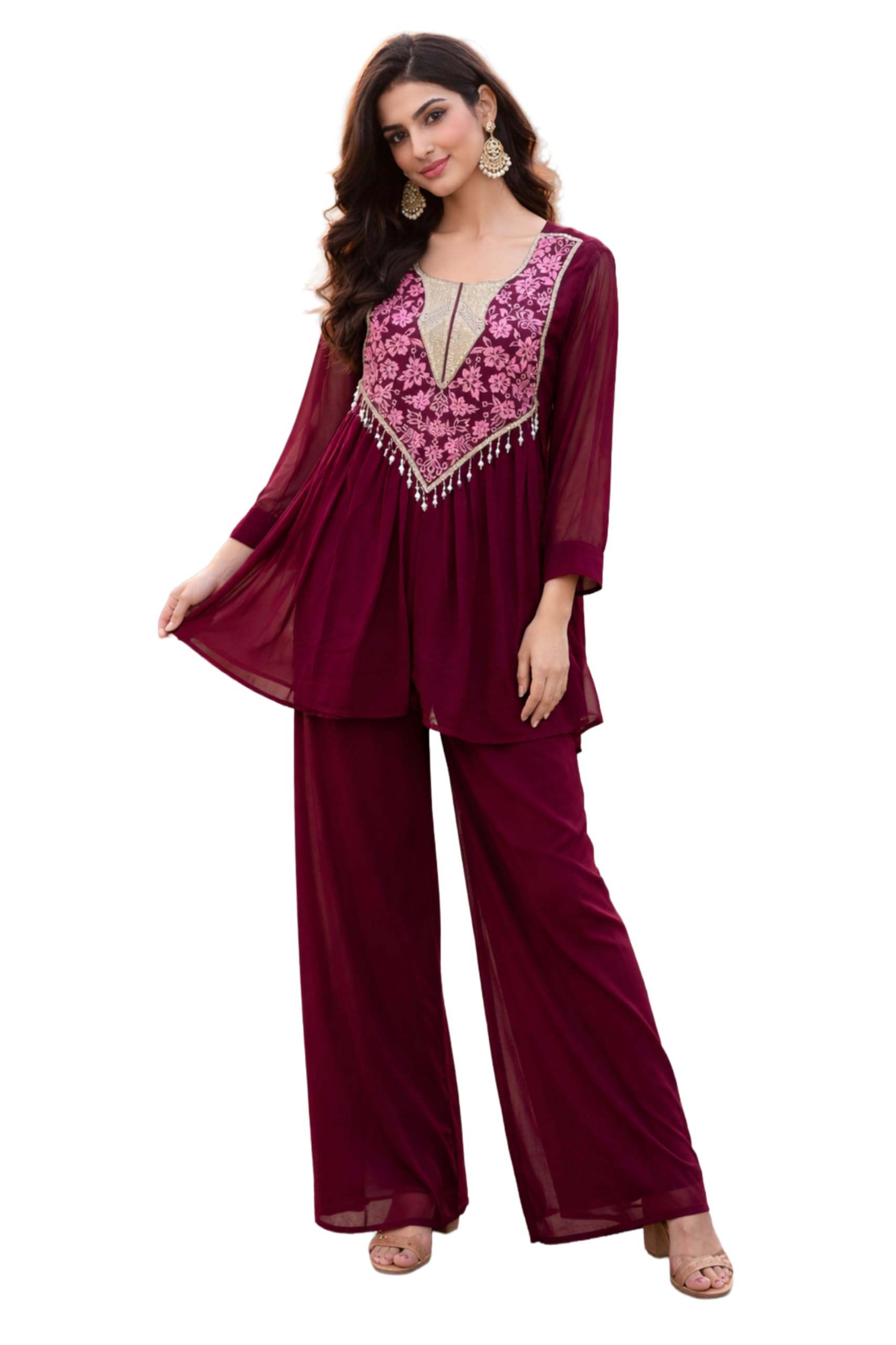 Women Maroon Embroidered Kurta Palazzo Set, Georgette Ethnic Co-Ord Set, Floral Design, Festive Wedding-image-46