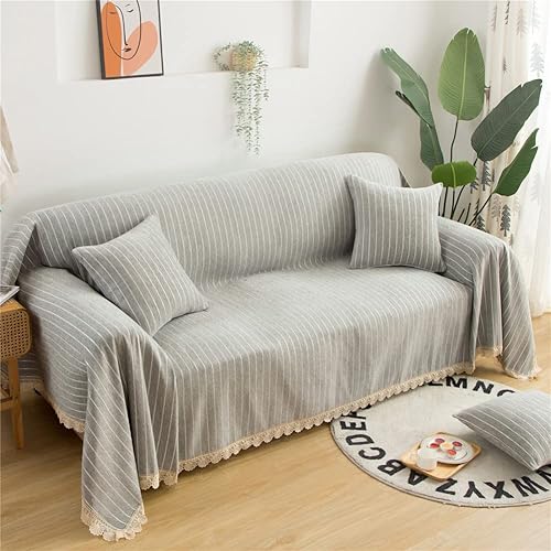 Miniatura 2 de Funda de sofá de felpilla antideslizante a rayas blancas y grises para sofá de 3 cojines, protector de sofá de lujo con flecos de encaje para niños