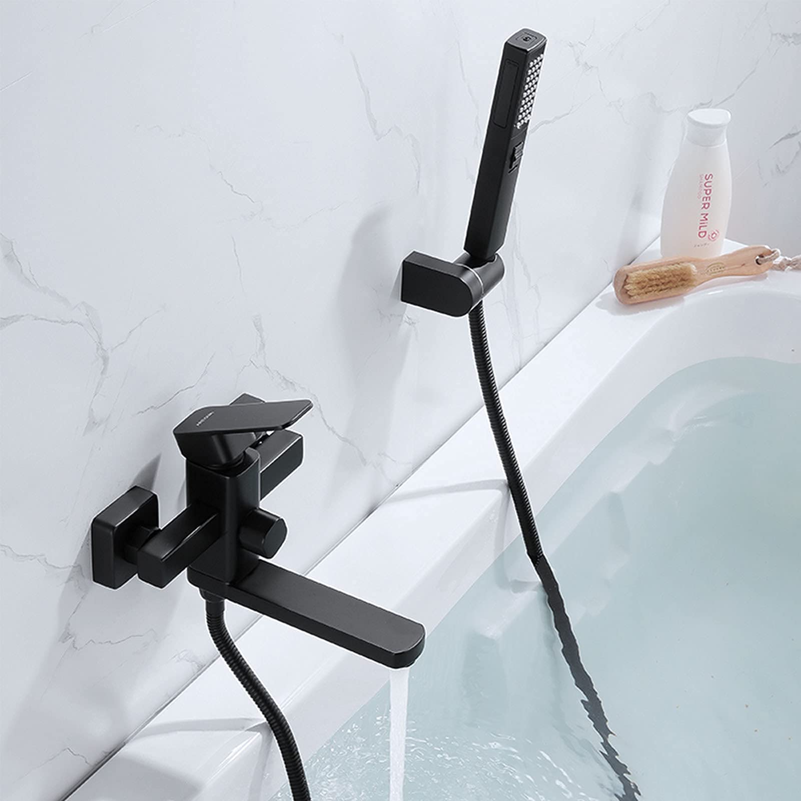 Robinet de baignoire noir avec douchette mitigeur chaud froid mural LUNEZY